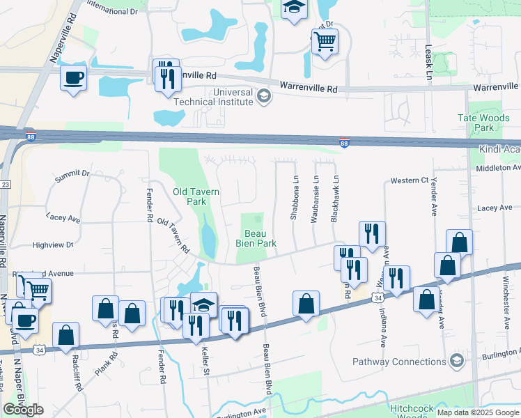 map of restaurants, bars, coffee shops, grocery stores, and more near 4516 Black Partridge Lane in Lisle