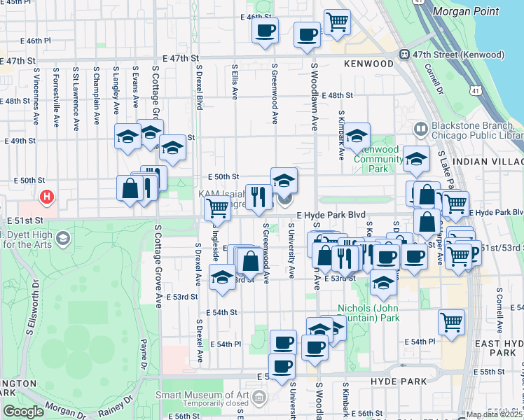 map of restaurants, bars, coffee shops, grocery stores, and more near 1031 East Hyde Park Boulevard in Chicago