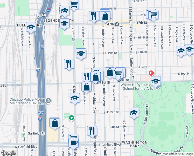 map of restaurants, bars, coffee shops, grocery stores, and more near 5041 South Michigan Avenue in Chicago