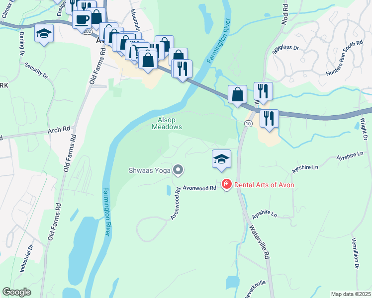 map of restaurants, bars, coffee shops, grocery stores, and more near 22 Rivermead in Avon
