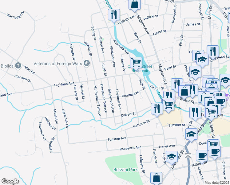 map of restaurants, bars, coffee shops, grocery stores, and more near 147 Central Avenue in Torrington