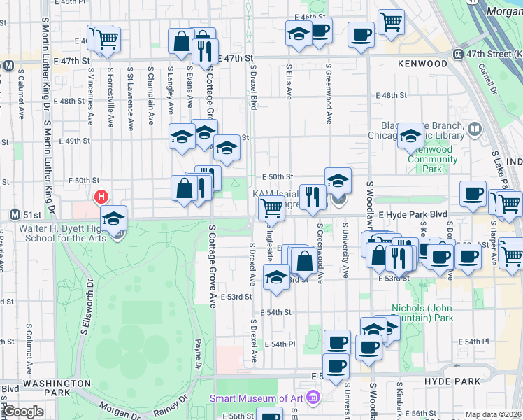 map of restaurants, bars, coffee shops, grocery stores, and more near 919 East Hyde Park Boulevard in Chicago