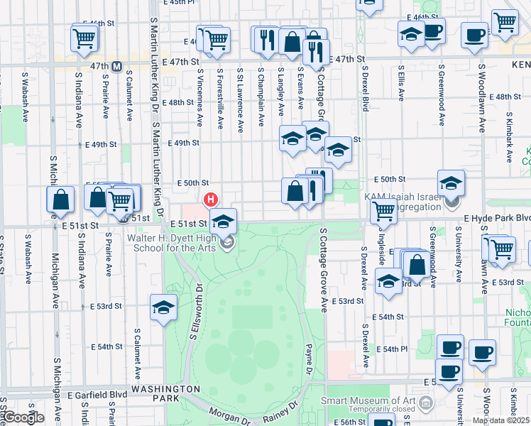 map of restaurants, bars, coffee shops, grocery stores, and more near 612 East 51st Street in Chicago