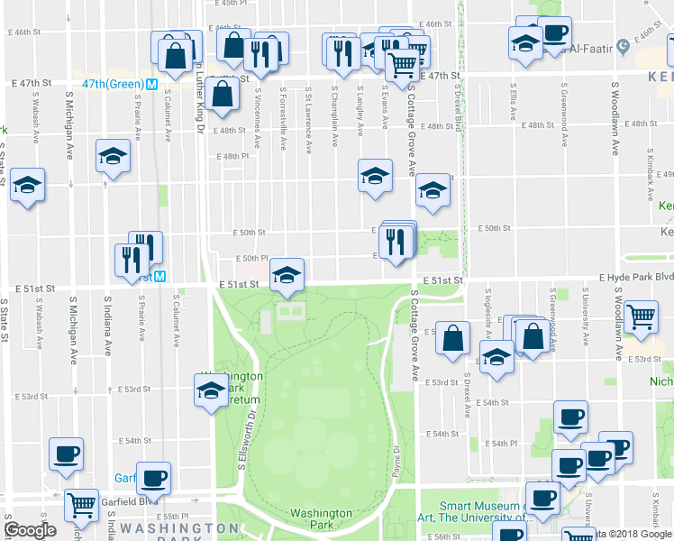 map of restaurants, bars, coffee shops, grocery stores, and more near 612 East 51st Street in Chicago