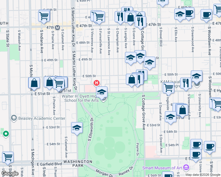 map of restaurants, bars, coffee shops, grocery stores, and more near 612 East 51st Street in Chicago