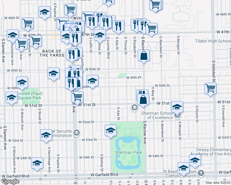 map of restaurants, bars, coffee shops, grocery stores, and more near 5041 South Ada Street in Chicago