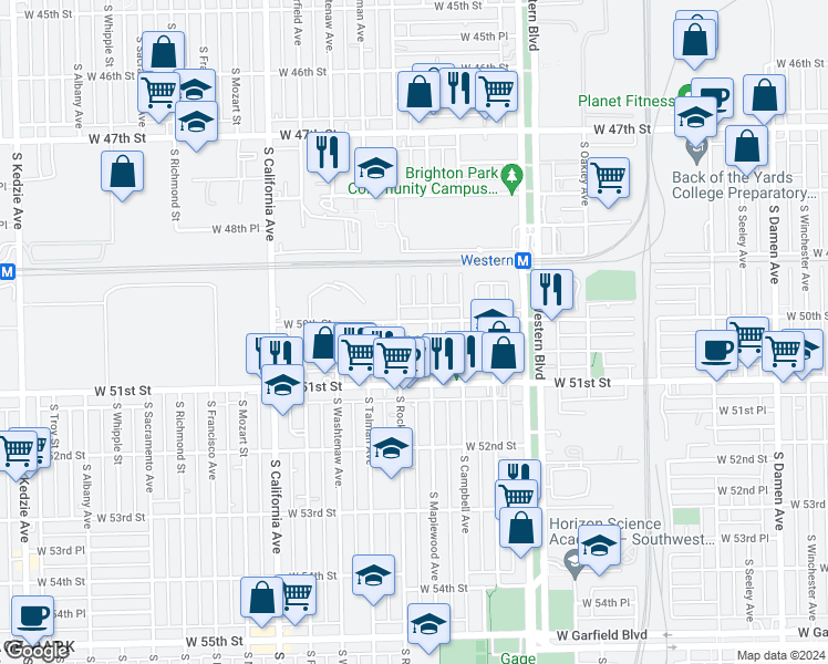 map of restaurants, bars, coffee shops, grocery stores, and more near 5028 South Maplewood Avenue in Chicago