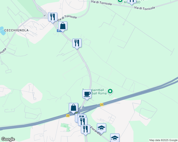 map of restaurants, bars, coffee shops, grocery stores, and more near 5 Via del Centro del Bivio in Rome