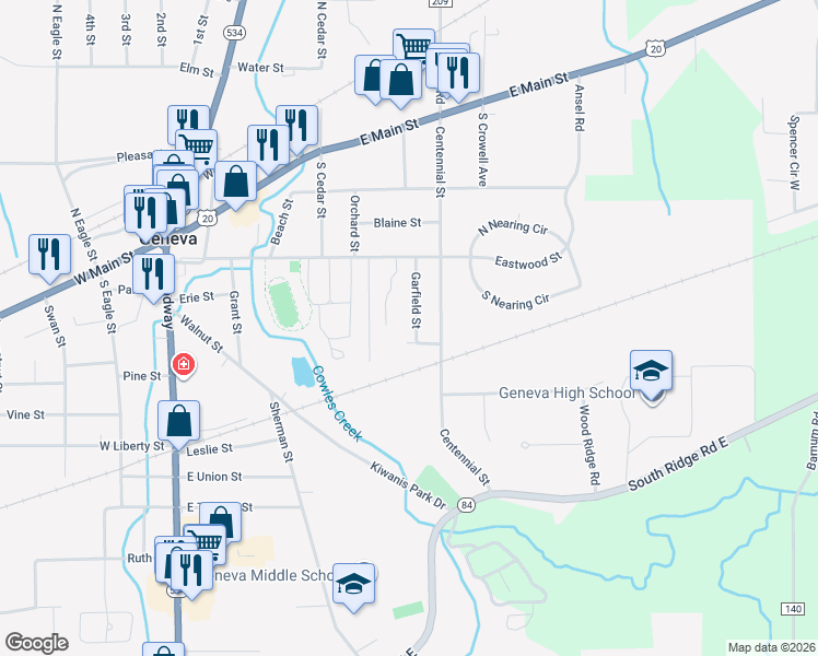 map of restaurants, bars, coffee shops, grocery stores, and more near 450 Garfield Street in Geneva