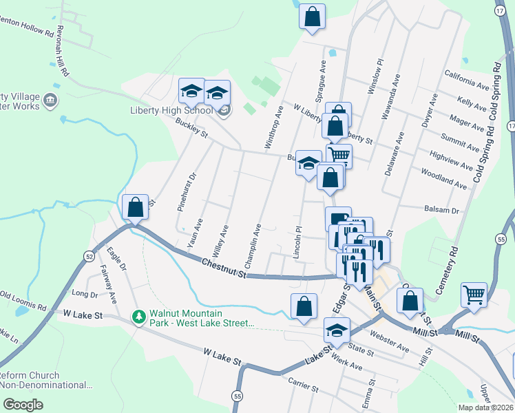 map of restaurants, bars, coffee shops, grocery stores, and more near 70 Champlin Avenue in Liberty
