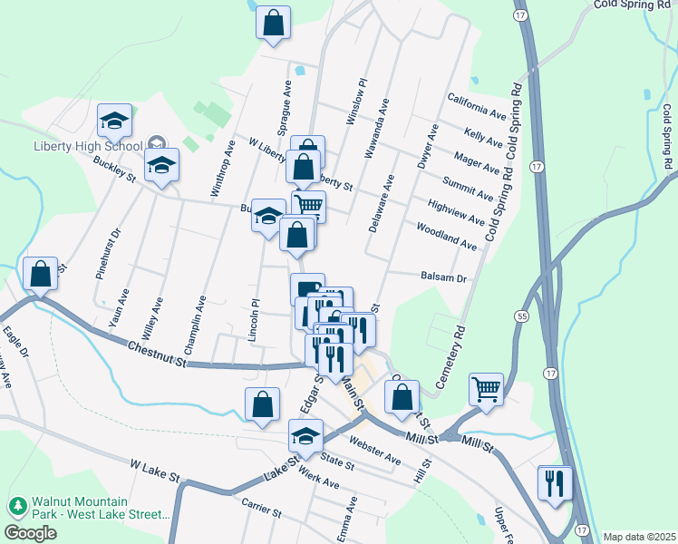 map of restaurants, bars, coffee shops, grocery stores, and more near 201 North Main Street in Liberty