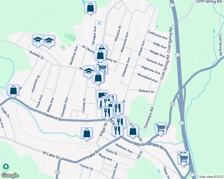 map of restaurants, bars, coffee shops, grocery stores, and more near 201 North Main Street in Liberty