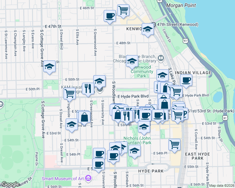 map of restaurants, bars, coffee shops, grocery stores, and more near 1227 East Hyde Park Boulevard in Chicago