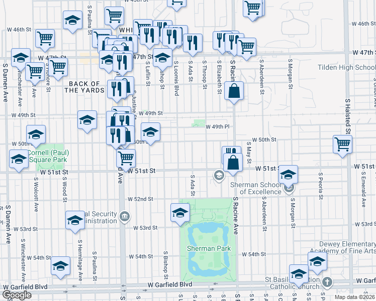 map of restaurants, bars, coffee shops, grocery stores, and more near 5041 South Ada Street in Chicago