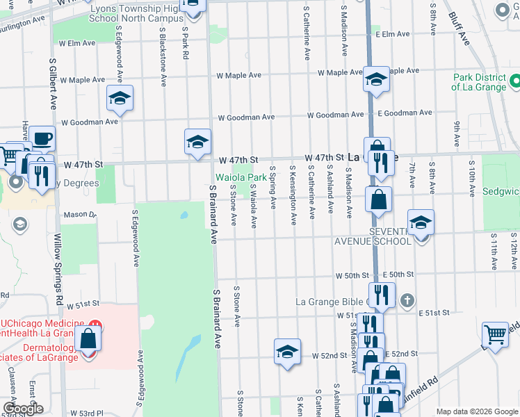 map of restaurants, bars, coffee shops, grocery stores, and more near 631 South Waiola Avenue in La Grange