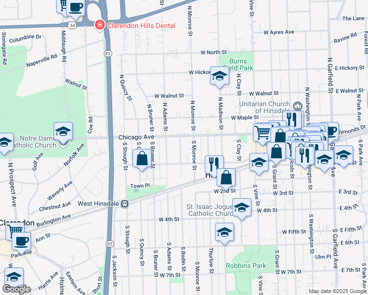 map of restaurants, bars, coffee shops, grocery stores, and more near 39 South Bodin Street in Hinsdale