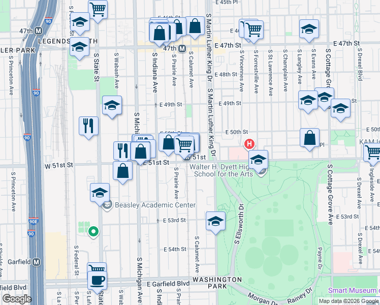 map of restaurants, bars, coffee shops, grocery stores, and more near 5040 South Calumet Avenue in Chicago