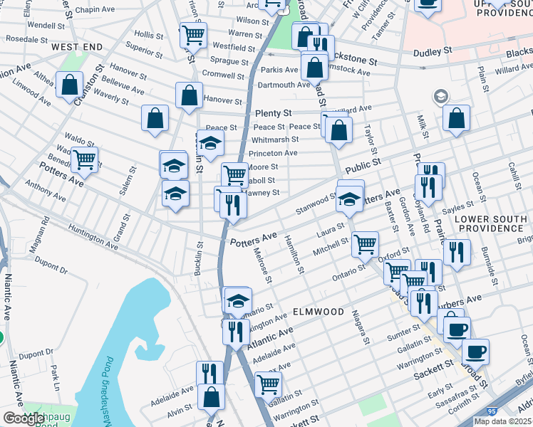 map of restaurants, bars, coffee shops, grocery stores, and more near 146 Stanwood Street in Providence