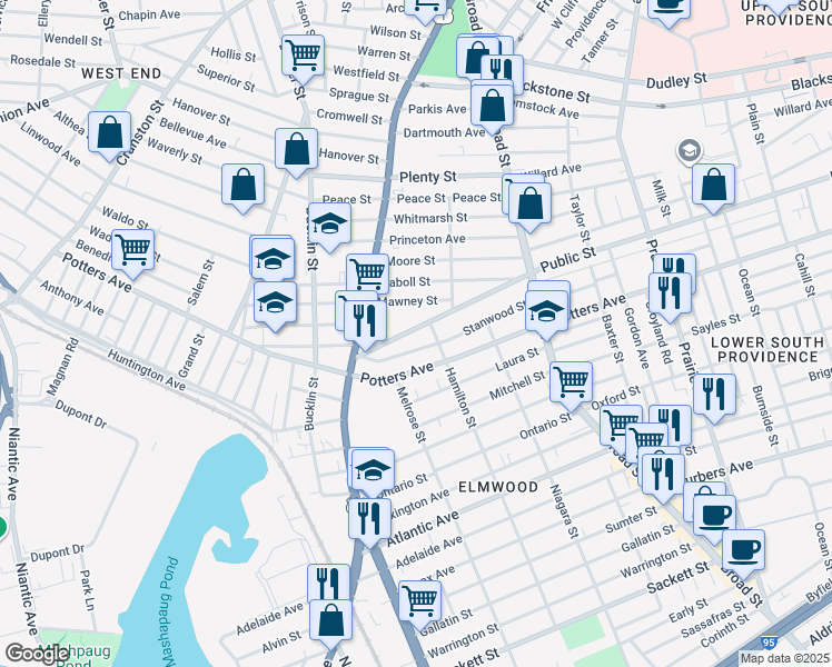 map of restaurants, bars, coffee shops, grocery stores, and more near 146 Stanwood Street in Providence