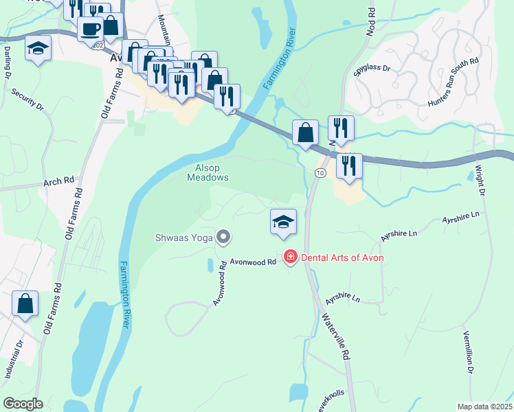 map of restaurants, bars, coffee shops, grocery stores, and more near 13 Rivermead in Avon