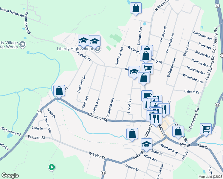 map of restaurants, bars, coffee shops, grocery stores, and more near 70 Champlin Avenue in Liberty