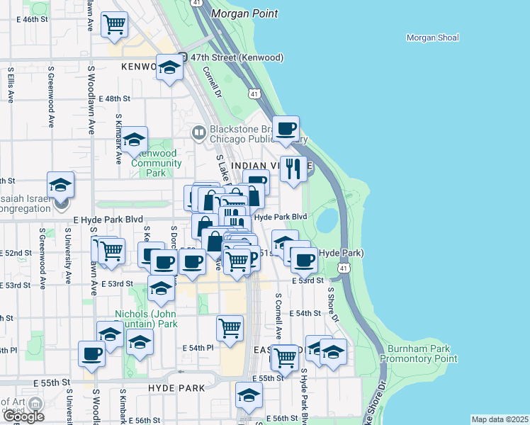 map of restaurants, bars, coffee shops, grocery stores, and more near 1606 East Hyde Park Boulevard in Chicago