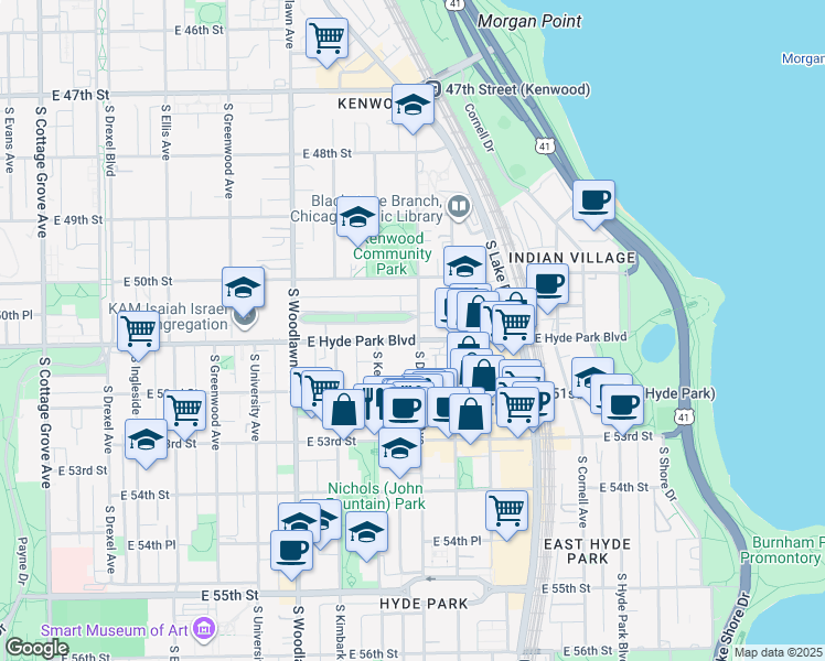 map of restaurants, bars, coffee shops, grocery stores, and more near 5112 South Dorchester Avenue in Chicago