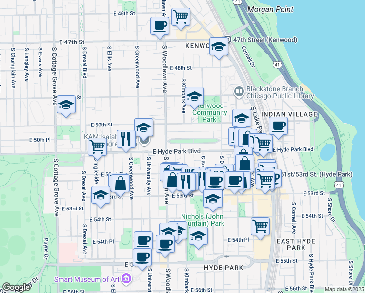 map of restaurants, bars, coffee shops, grocery stores, and more near 1227 East Hyde Park Boulevard in Chicago