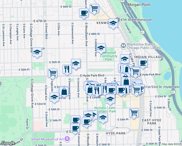 map of restaurants, bars, coffee shops, grocery stores, and more near 1227 East Hyde Park Boulevard in Chicago
