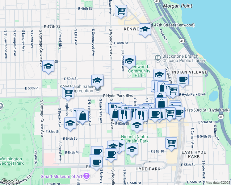 map of restaurants, bars, coffee shops, grocery stores, and more near 1227 East Hyde Park Boulevard in Chicago
