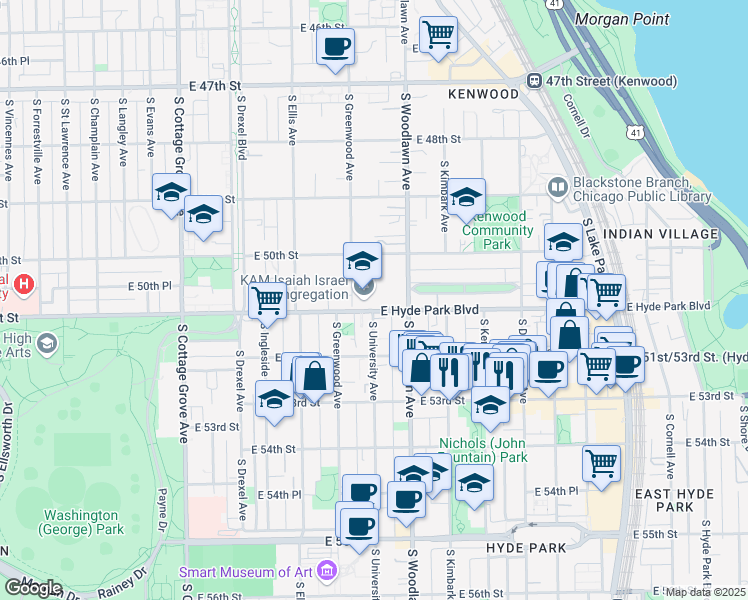 map of restaurants, bars, coffee shops, grocery stores, and more near 1123 East Hyde Park Boulevard in Chicago