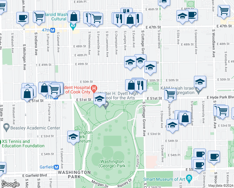 map of restaurants, bars, coffee shops, grocery stores, and more near 612 East 51st Street in Chicago