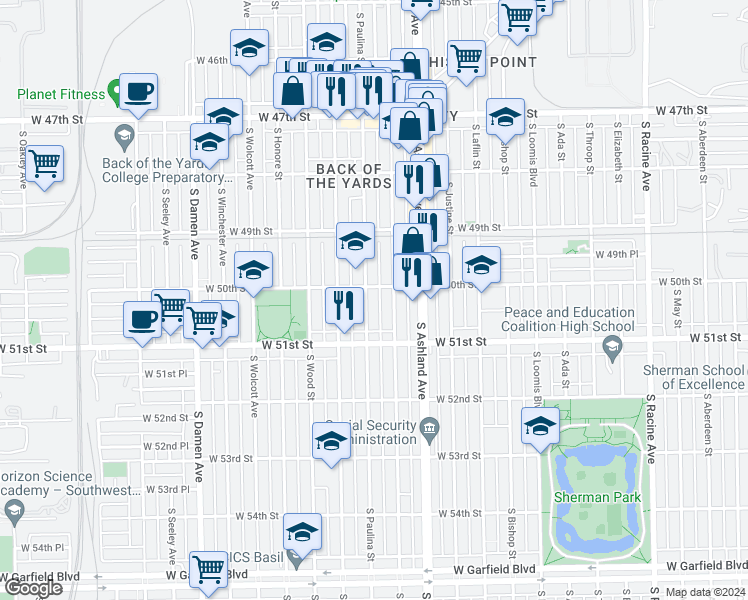 map of restaurants, bars, coffee shops, grocery stores, and more near 5038 South Paulina Street in Chicago