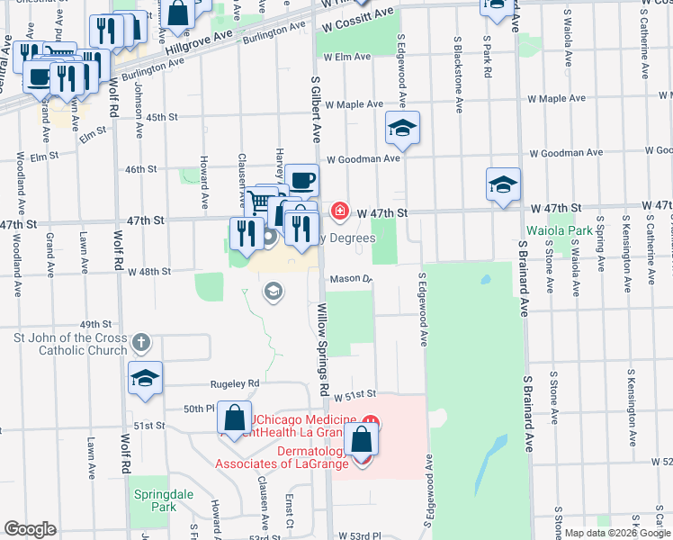 map of restaurants, bars, coffee shops, grocery stores, and more near 1414 Mason Drive in La Grange