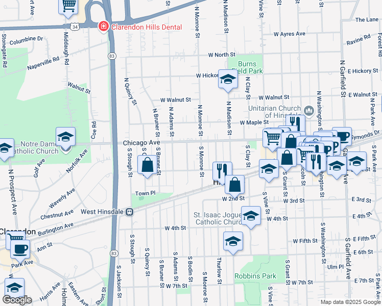 map of restaurants, bars, coffee shops, grocery stores, and more near 39 South Bodin Street in Hinsdale