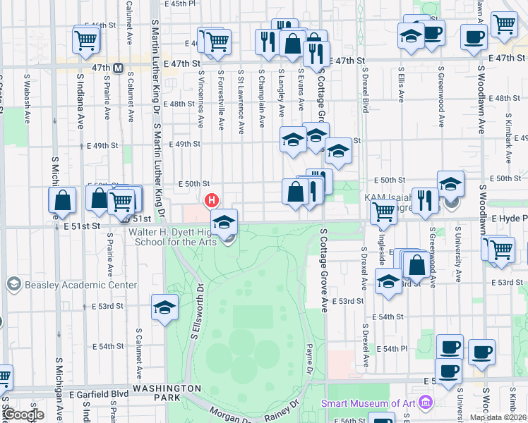 map of restaurants, bars, coffee shops, grocery stores, and more near 612 East 51st Street in Chicago