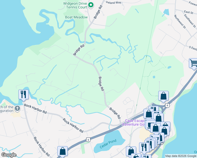 map of restaurants, bars, coffee shops, grocery stores, and more near 220 Bridge Road in Eastham