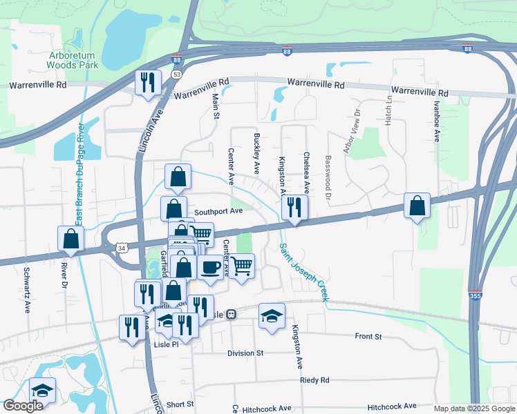 map of restaurants, bars, coffee shops, grocery stores, and more near 912 Lacey Avenue in Lisle