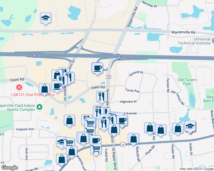 map of restaurants, bars, coffee shops, grocery stores, and more near 1801 North Naper Boulevard in Naperville