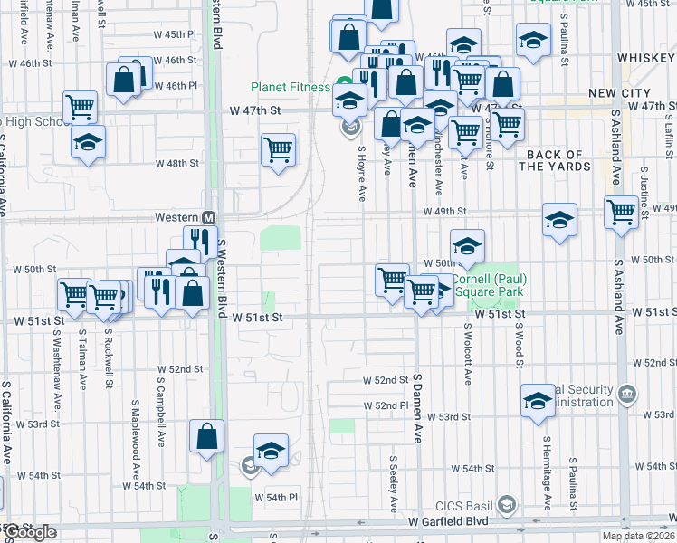map of restaurants, bars, coffee shops, grocery stores, and more near 2125 West 49th Place in Chicago