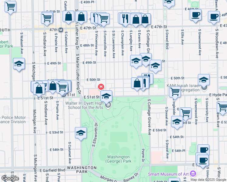 map of restaurants, bars, coffee shops, grocery stores, and more near 5032 South Saint Lawrence Avenue in Chicago