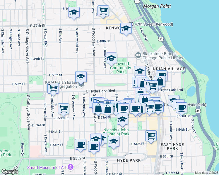map of restaurants, bars, coffee shops, grocery stores, and more near 1310 East Hyde Park Boulevard in Chicago