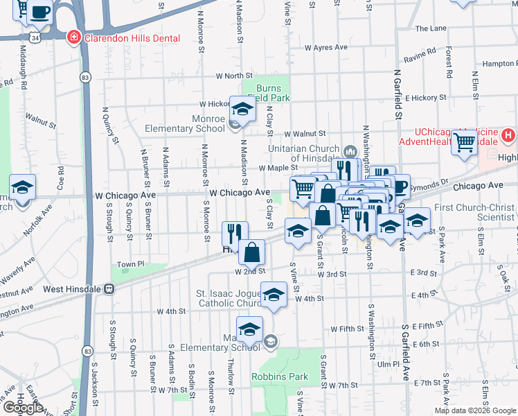 map of restaurants, bars, coffee shops, grocery stores, and more near 8 North Clay Street in Hinsdale