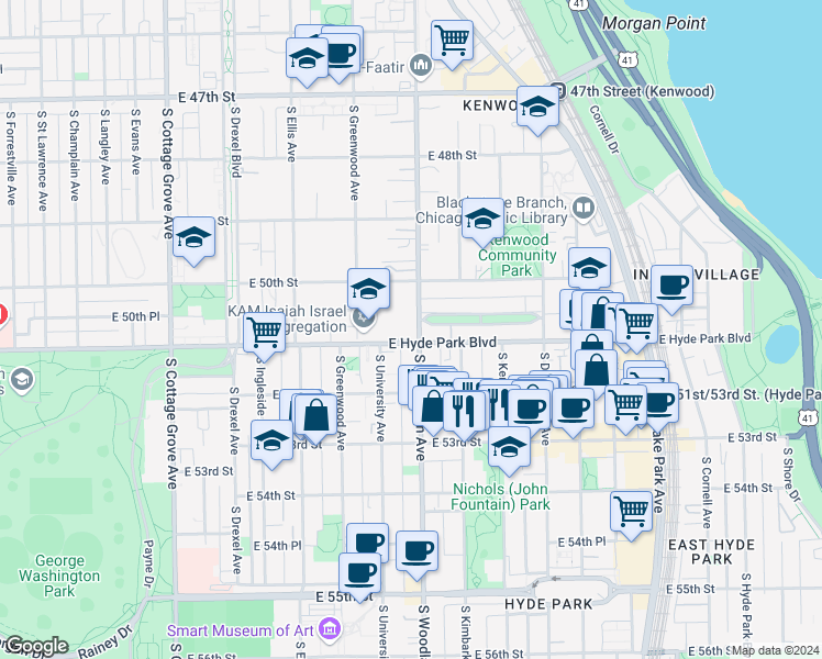 map of restaurants, bars, coffee shops, grocery stores, and more near 5034-5046 South Woodlawn Avenue in Chicago