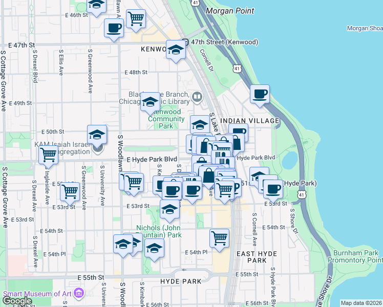 map of restaurants, bars, coffee shops, grocery stores, and more near 5026 South Blackstone Avenue in Chicago