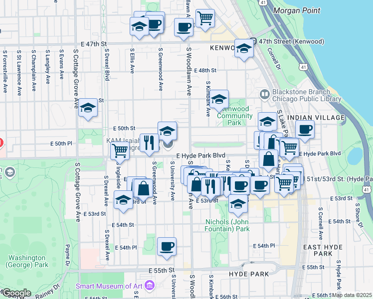map of restaurants, bars, coffee shops, grocery stores, and more near 5018 South Woodlawn Avenue in Chicago