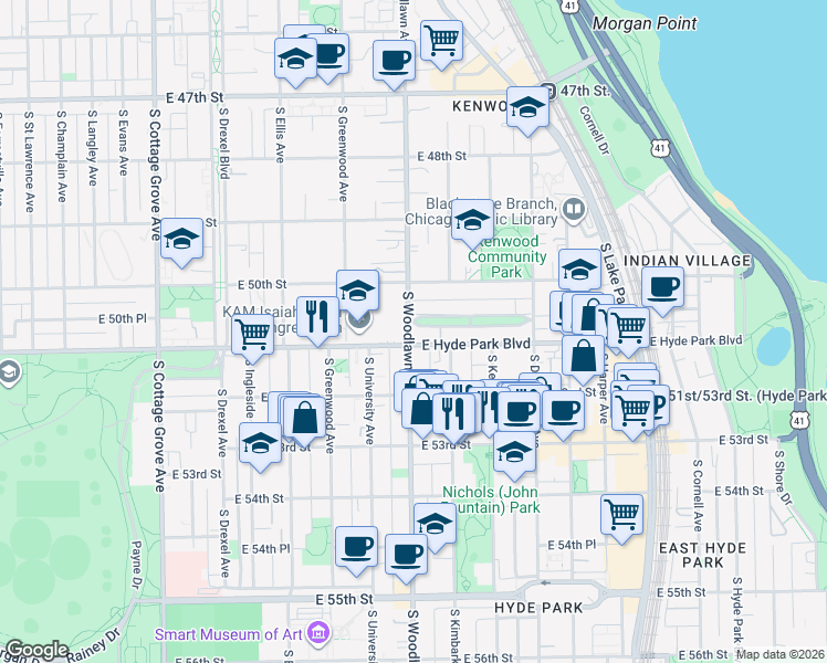 map of restaurants, bars, coffee shops, grocery stores, and more near 1201 East Madison Park in Chicago