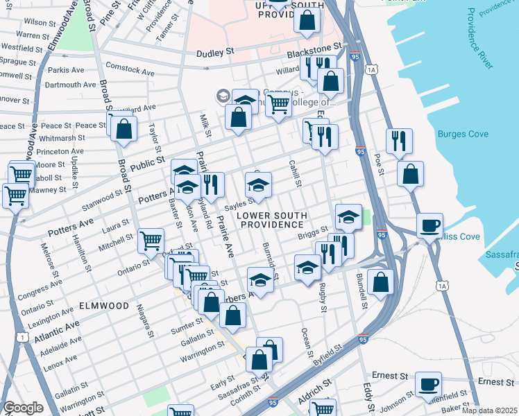 map of restaurants, bars, coffee shops, grocery stores, and more near 199 Oxford Street in Providence
