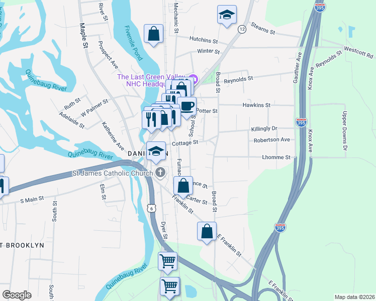 map of restaurants, bars, coffee shops, grocery stores, and more near 60 Cottage Street in Killingly