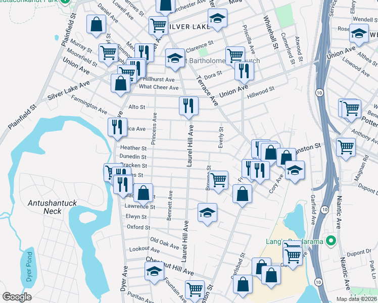 map of restaurants, bars, coffee shops, grocery stores, and more near 168 Heather Street in Cranston